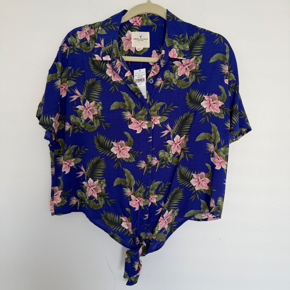 American Eagle Tie Up Blouse Hawaiian Tropical Blue/Pink Small Cropped Viscose